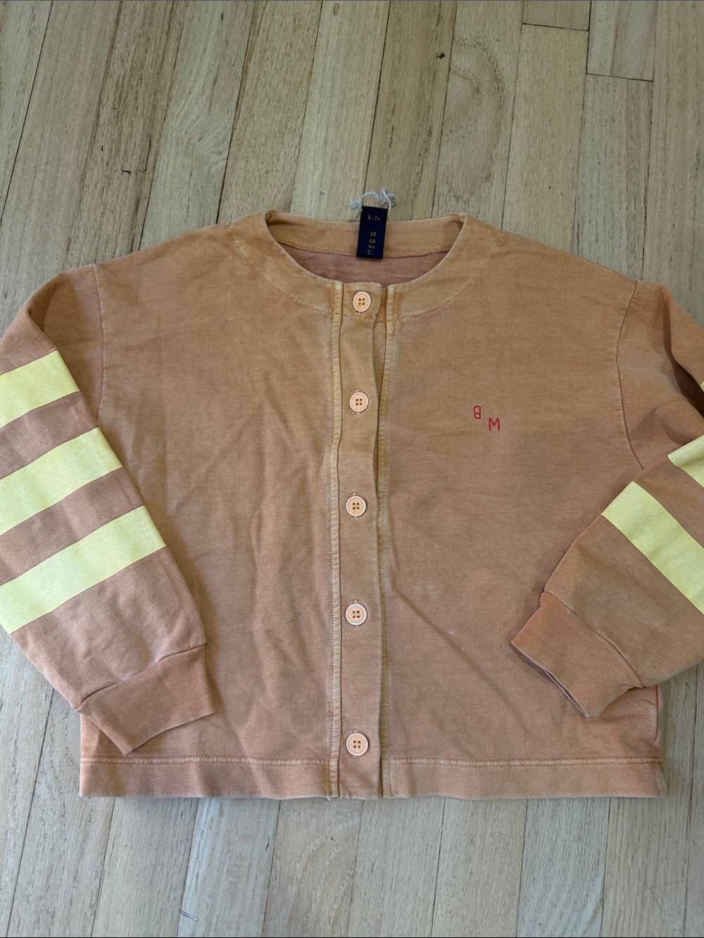Kids Peach Button-Front Shirt with Yellow Stripe Sleeves